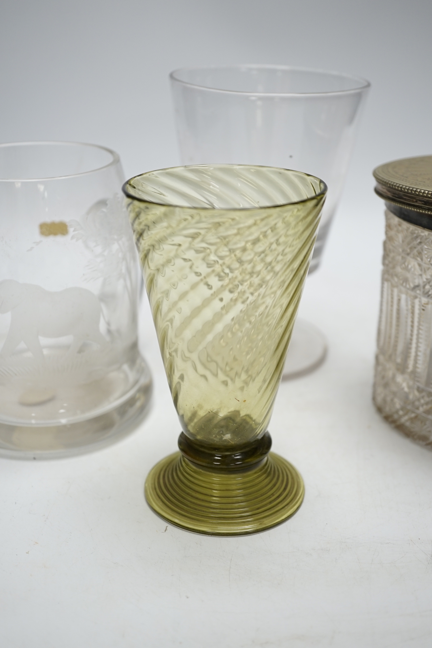 A set of four engraved glass mugs, a pair of rummers, an oval biscuit box etc